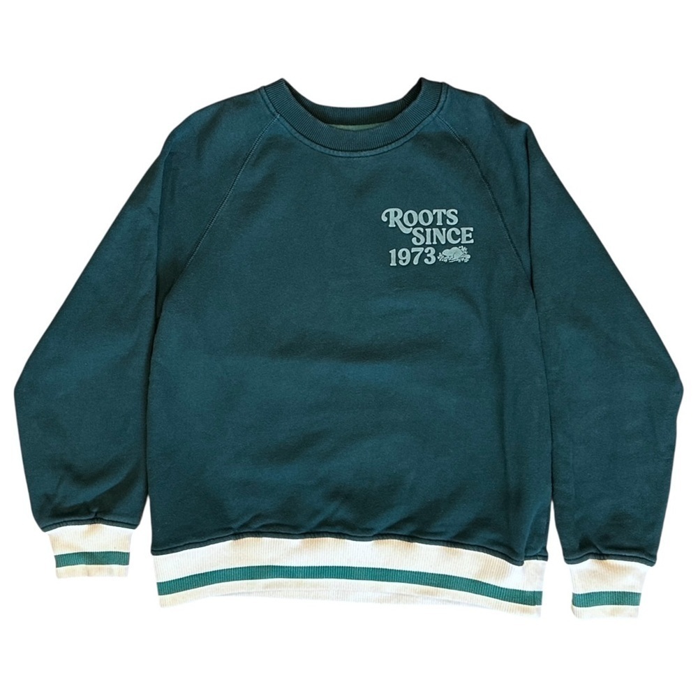 Roots Cabin Since 1973 Crew Neck Striped Trim Sweatshirt Dark Sea Green XS